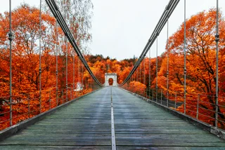 Illustrative image of autumn in Czechia featuring the Empire Chain Bridge over Lužnice River, Stadlec (iStock / Ladislav Kubes)