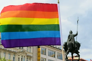 Pride flag in Wenceslas Square in 2018. Photo: Raymond Johnston